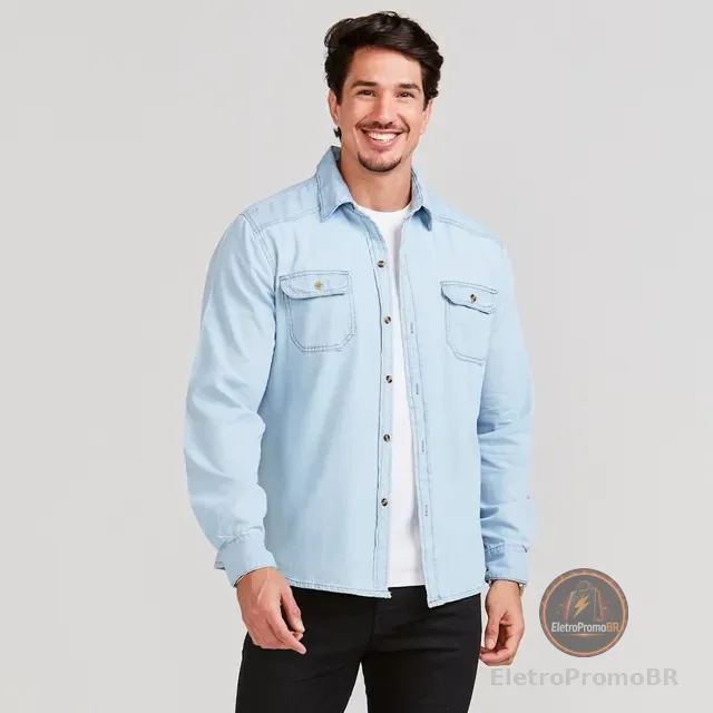 Camisa Social Masculina Jeans Manga Longa Long Fit Slim Luxo