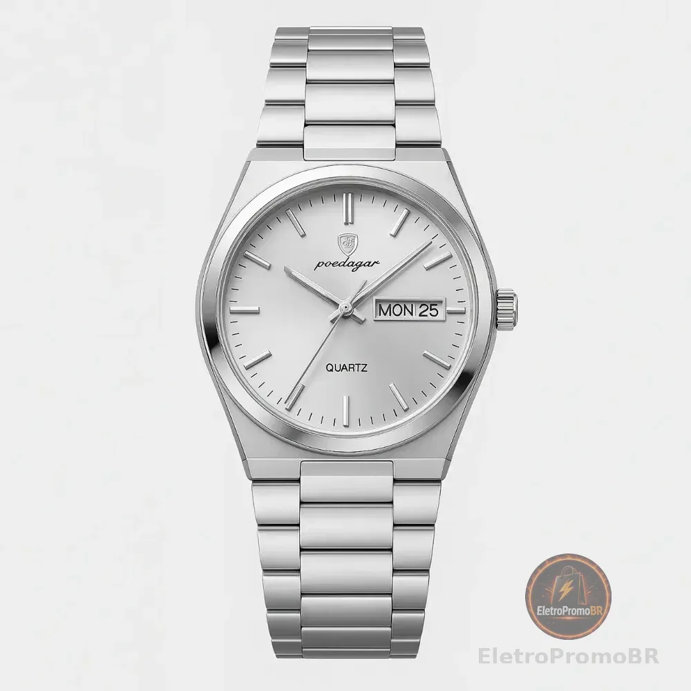 Relógio Masculino Luxo Poedagar Old Money Aço Quartzo Prata Prateado Clássico Branco Capra Pink