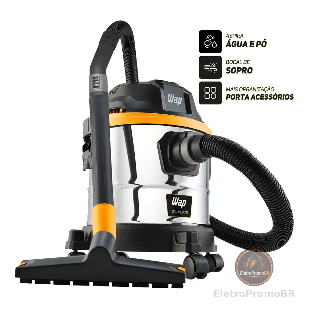 Aspirador de Pó e Água WAP GTW Inox 15 Barril 1700W com Bocal de Sopro e Acessórios