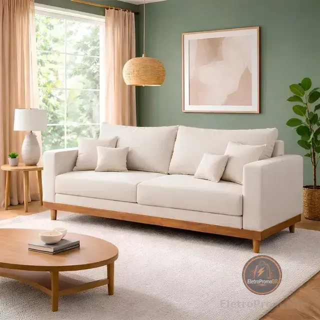 Sofá Living 3 Lugares Suede Resistente Madeira + Almofadas