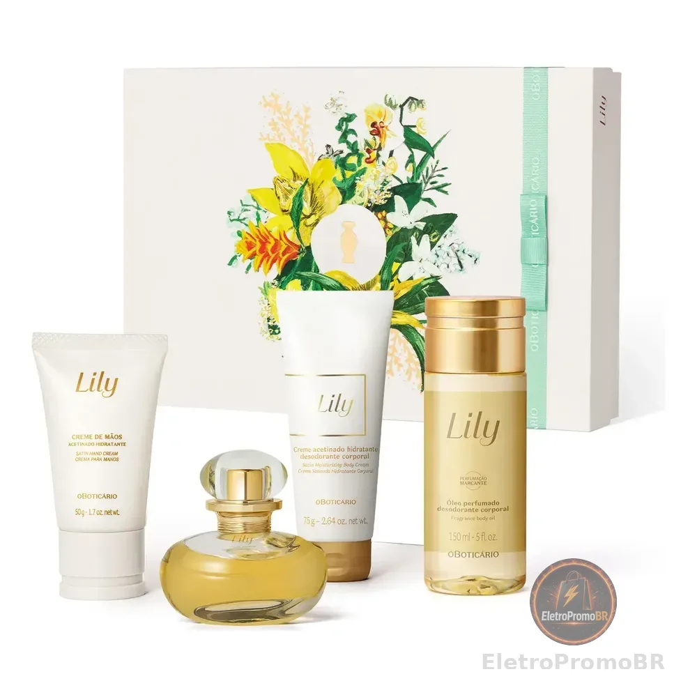 O Boticário Lily Kit Presente (4 Itens) - Lily Eau de Parfum 30ml - Óleo Perfumado Corporal Lily 150ml - Creme de Mãos Lily 50g - Creme Corporal Lily 75g