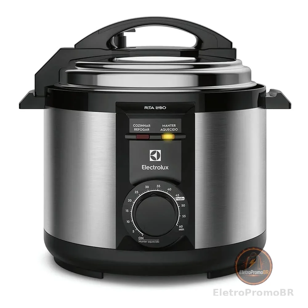 Panela pressão elétrica Electrolux capacidade 5L silenciosa, segura 9 travas, segurança timer feijão manter aquecido, alça antitérmica PCE20 inox 127v por Rita Lobo.