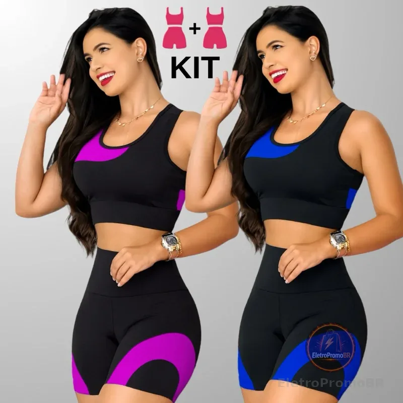 Kit 2 Conjuntos Academia Feminina – Top + Shot Cintura Alta e Modeladora