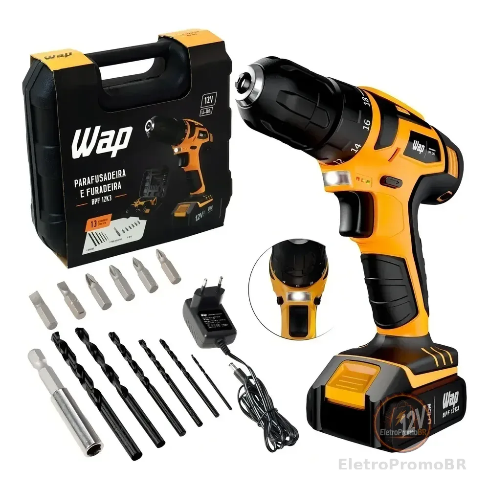 Parafusadeira Furadeira Sem Fio 12V WAP BPF 12K3 Kit Maleta