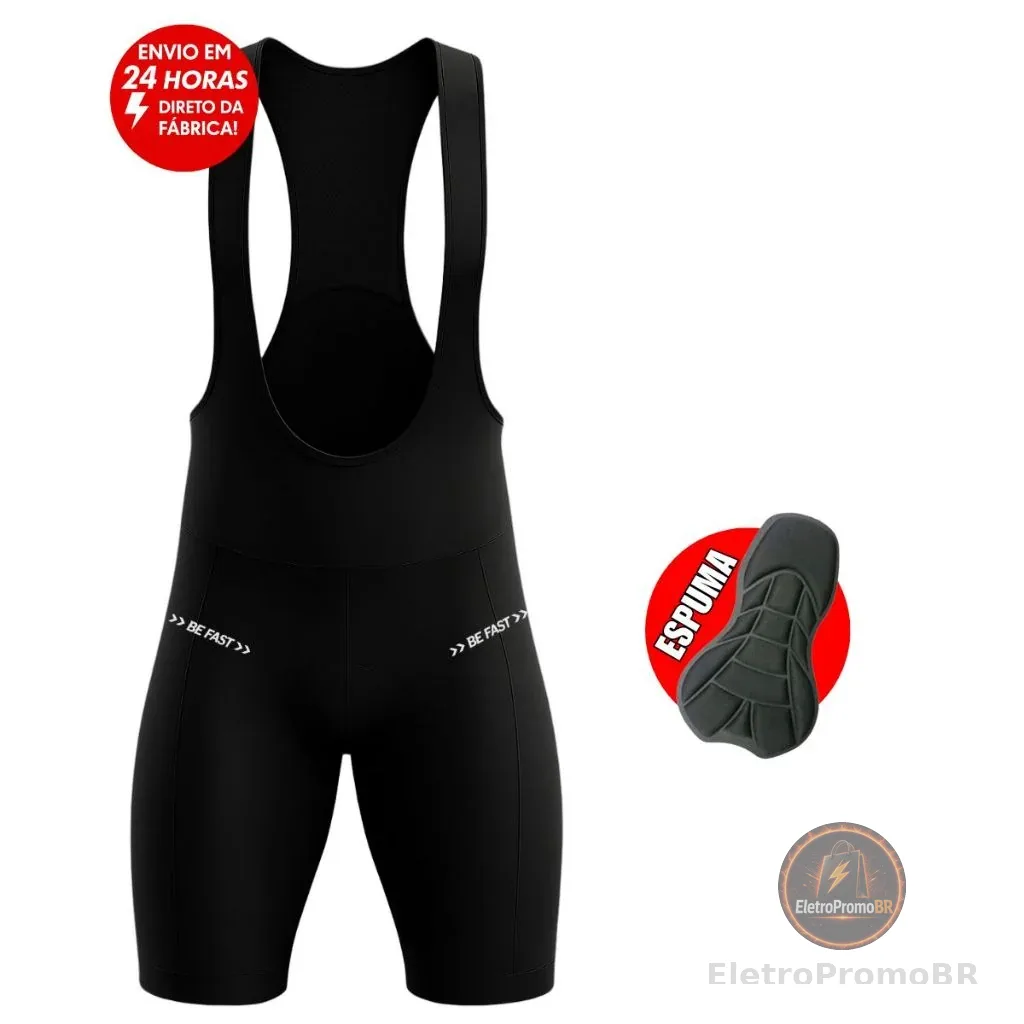 Bretelle de Ciclismo Be Fast Preto Bermuda Forro Espuma Bike Pedal Roupa Masculina Alta Performance