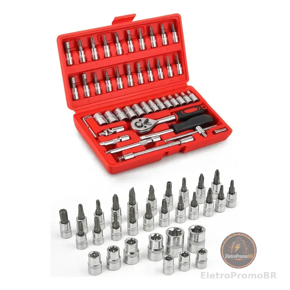 Jogo De Ferramentas Kit Multiuso Soquete 1/4 46 Peças Profissional Com Maleta Completa Aço Cromado Chaves Bits Catraca... Vermelho