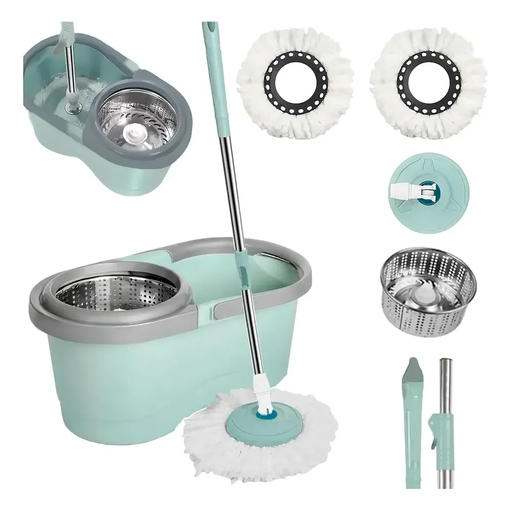 Mop Giratório Cesto Inox Com Refil Balde 13l Esfregão Cabo 130cm Rodinhas Fácil Limpeza Eficiente Uso Longo Sem Esforço... Verde