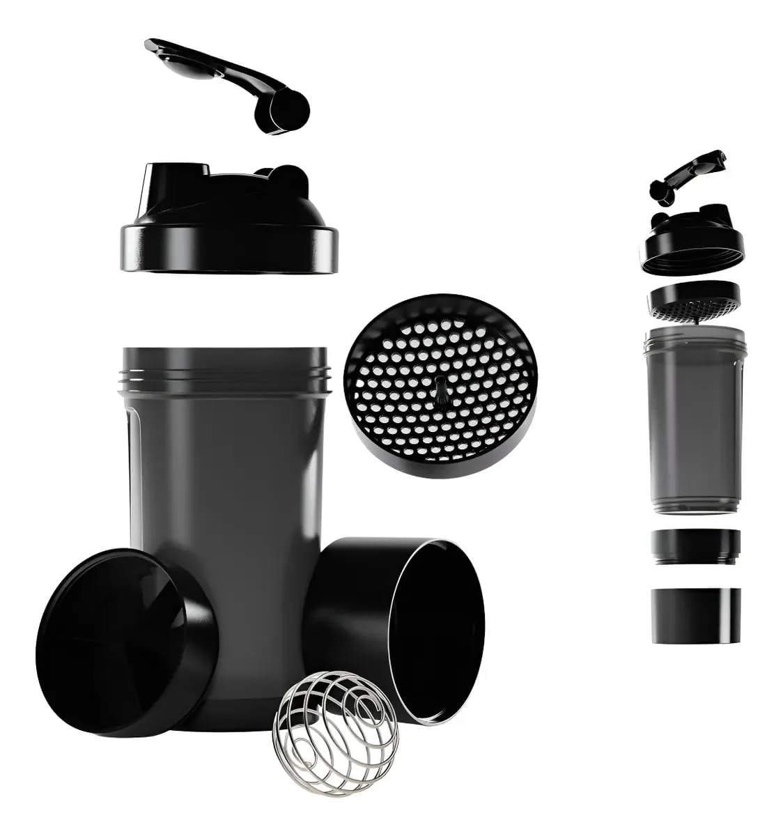 Coqueteleira Shaker Academia Compartimento Suplementos Divisórias 500ml (Preto)
