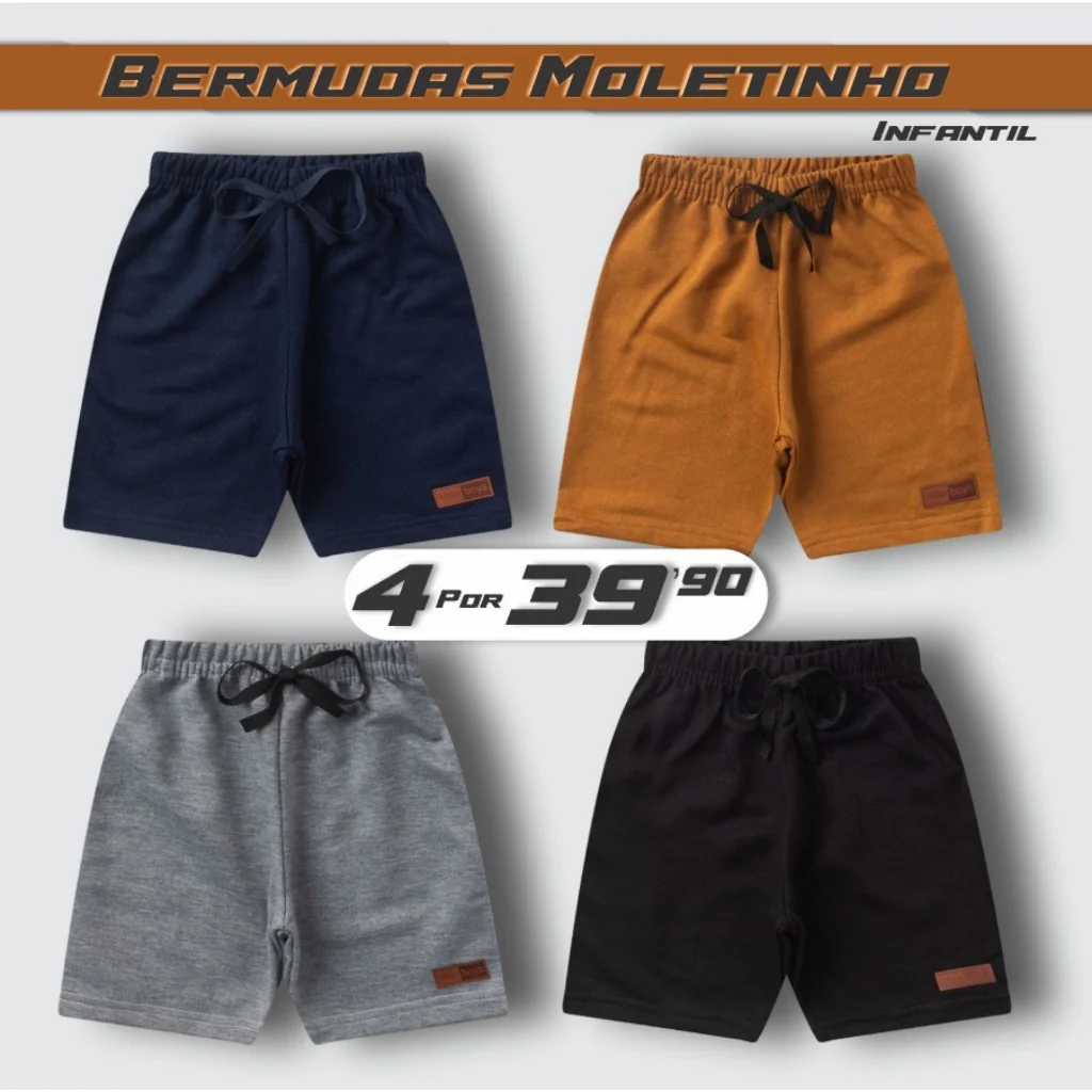 Kit 4 Bermudas Menino Moletinho Algodão Sortidas 4 Cores M Bebê ao 14 Anos Infantil Juvenil