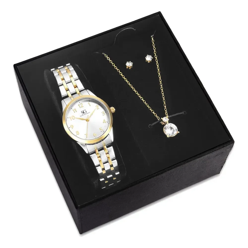 Kit Relógio Colar E Brincos Ponto De Luz Dourado E Prateado Feminino Luxo Saint Germain 28mm