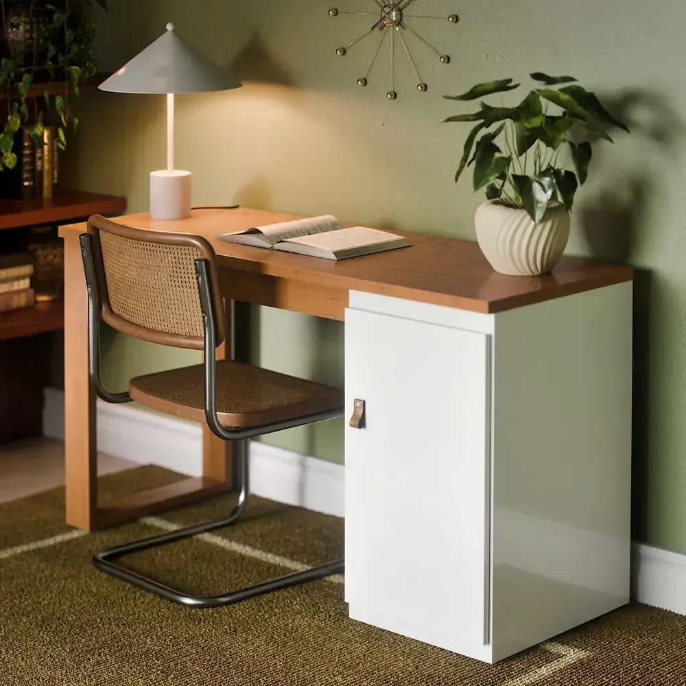 Escrivaninha Mesa Para Computador Paris 115cm Home Office Estudo Escritório Mdf Mdp 1 Porta Armário Lateral Puxador De Couro Cor Branco Canela Canela/branco