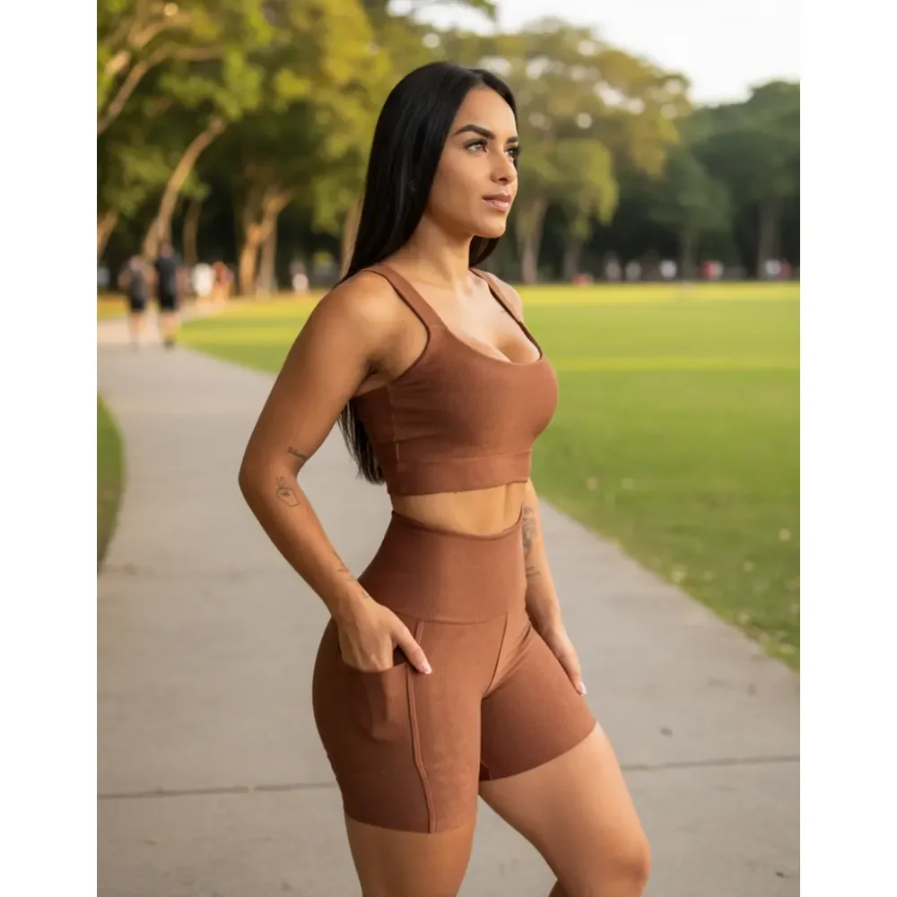 Kit Conjunto De Academia Top E Short Para Corrida Canelado Marrom M (42)