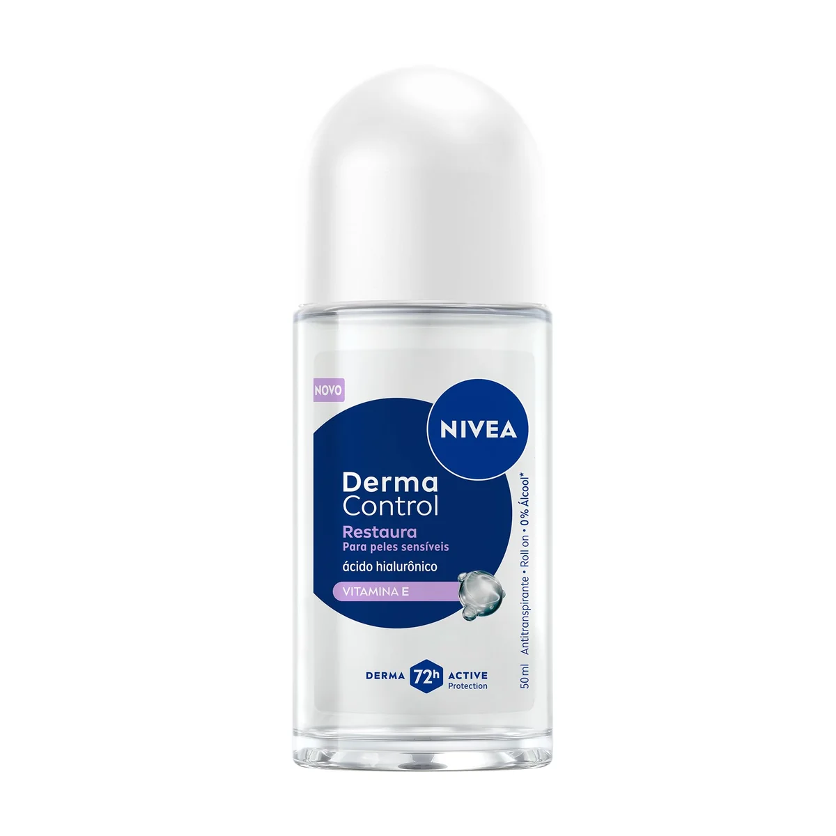 NIVEA Desodorante Antitranspirante Roll-on Derma Control Restaura 50ml, Proteção 72h, Previne Irritações, Ácido Hialurônico, Peles Sensíveis