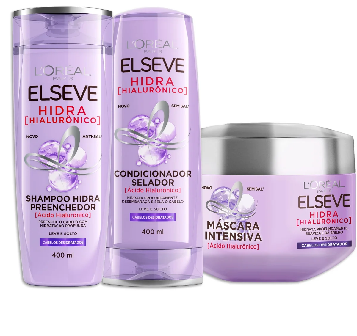 L'Oréal Paris Elseve Hidra Hialurônico Kit Shampoo 400ml + Condicionador 400ml + Creme de Tratamento 300G, Ação Preenchedora que Injeta 4X Mais Hidratação nos Fios Desde o Primeiro Uso