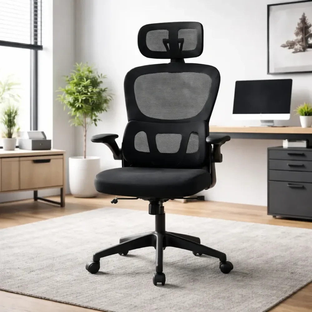 Cadeira Escritório Ergonômica Genebra Suporte Lombar Mesh Pr Preto Espuma