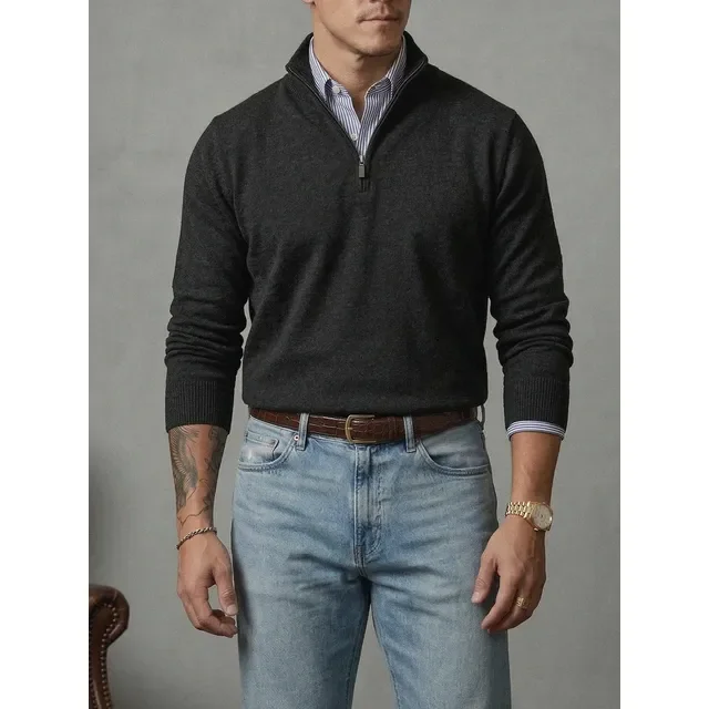 Suéter Masculino Zíper Elegante Gola Alta Inverno Old Money