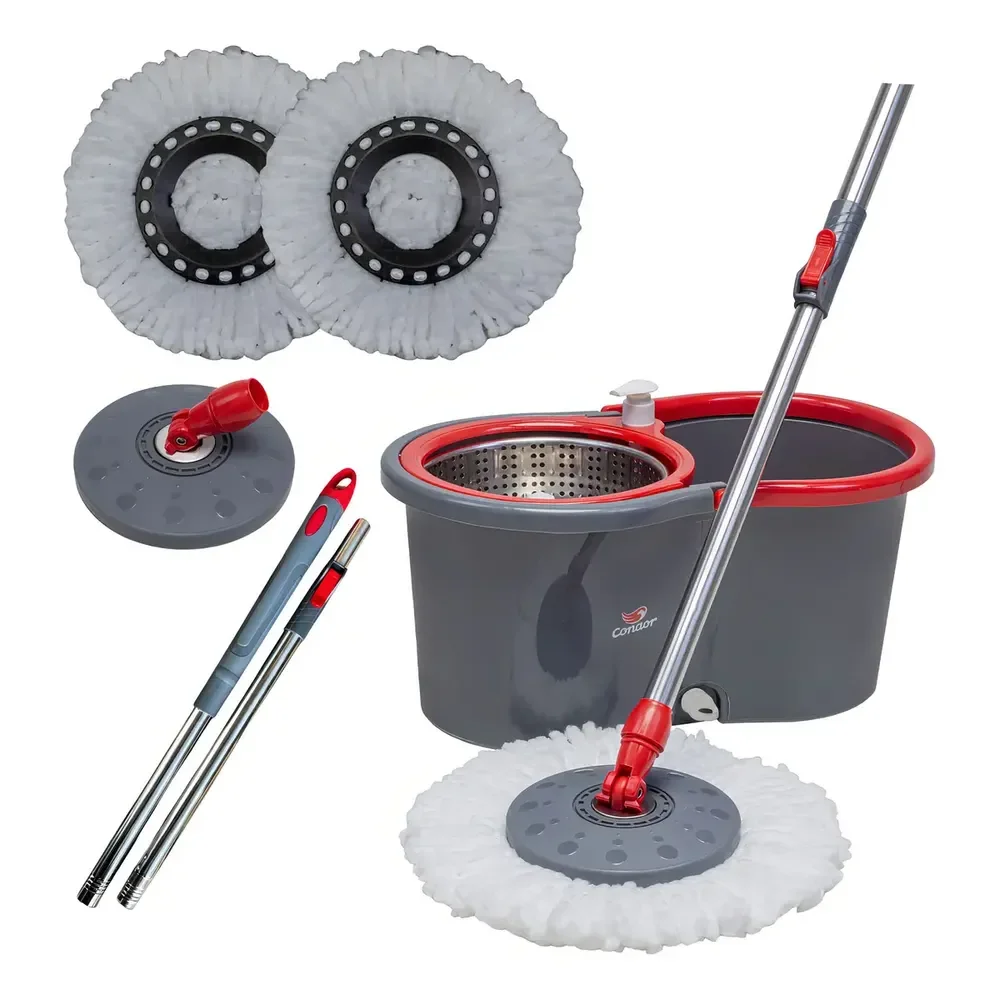 Mop Esfregão Giratório Condor Balde Inox 13 Litros + Refil Microfibra + Cabo Longo 1,4 Metros Cinza