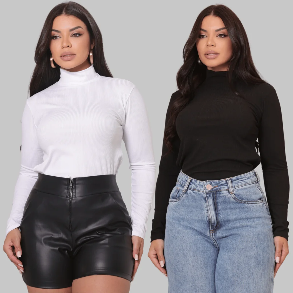 Kit 2 Blusa Feminina Segunda Pele Gola Alta Manga Comprida
